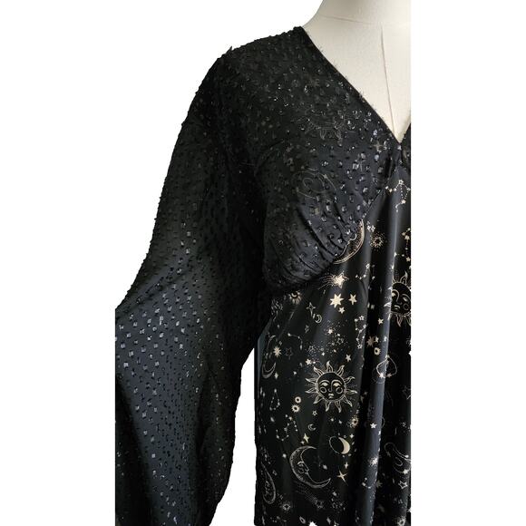 Neon Rose Moon Print Constellation Sheer Bell Sleeve Midi Dress Black Sz 28 - Picture 3 of 8